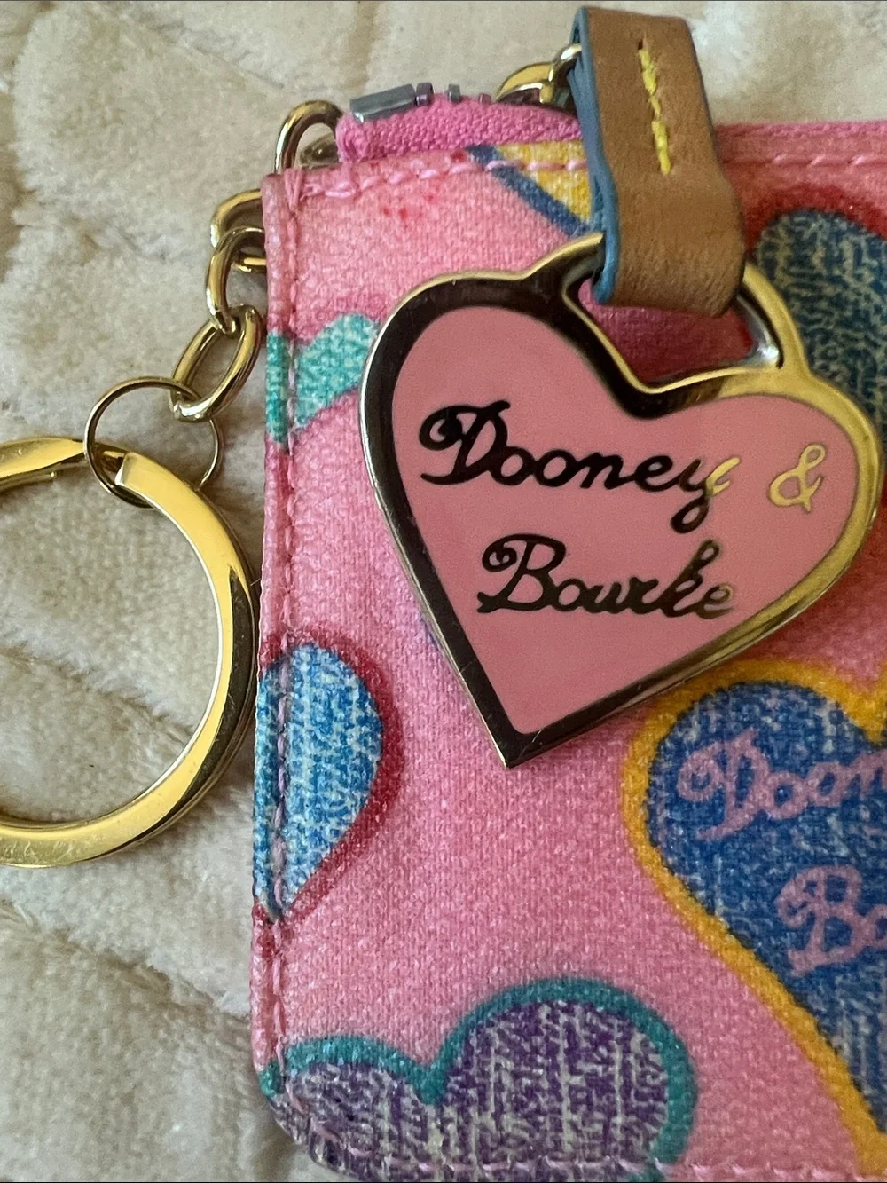 Dooney & Bourke Pink Heart Print Card & Key Pouch with Gold Ring Charm